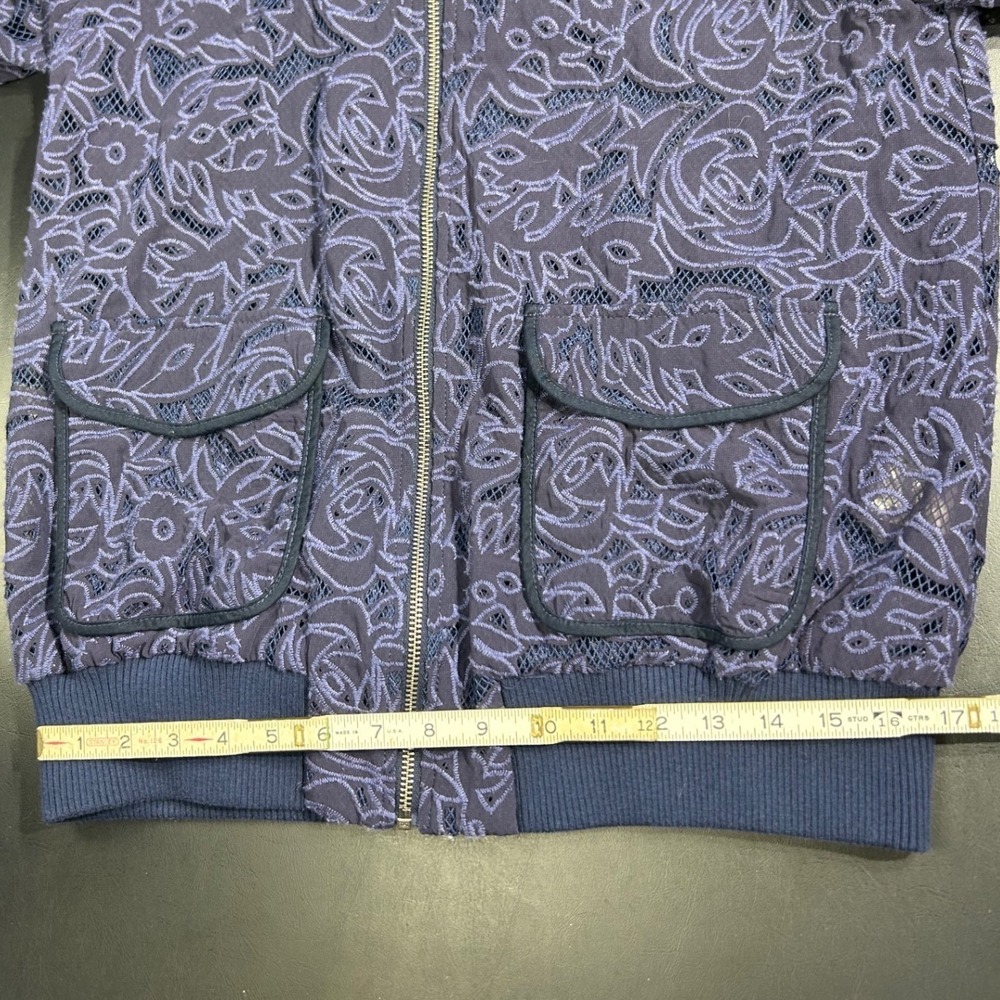 Anthropologie Elevenses Miranda Navy Blue Floral‎ Lace Mesh Bomber Jacket Small - Picture 8 of 10